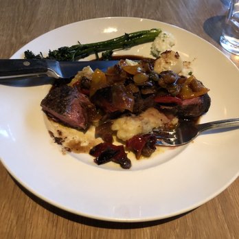 Seasons 52 - Kona-Crusted Lamb Loin with Roasted Zucchini Potato Mash and Roasted Pepper Chutney - New American Near Me - Troy, Michigan