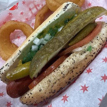 Wolfie’s Drive Thru - Chicago dog meal with onion rings. - Desserts Near Me - Greenville, South Carolina