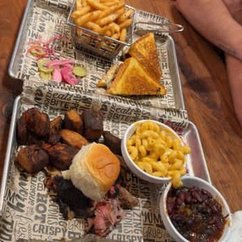 Cornerstone BBQ - 2 meat platter with a side of Mac n cheese and brisket baked beans. And the brisket melt sandwich with fries. - Barbeque Near Me - Yucaipa, California Cornerstone BBQ - 2 meat platter with a side of Mac n cheese and brisket baked beans. And the brisket melt sandwich with fries. - Barbeque Near Me - Yucaipa, California