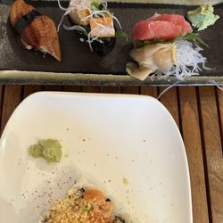 Sozo Sushi Bar - Eel sushi piece, monk fish liver sushi piece and 2 toro sashimi pieces