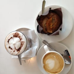 Simmone Logue - Mocha w foam, soy flat white and citrus poppyseed muffin