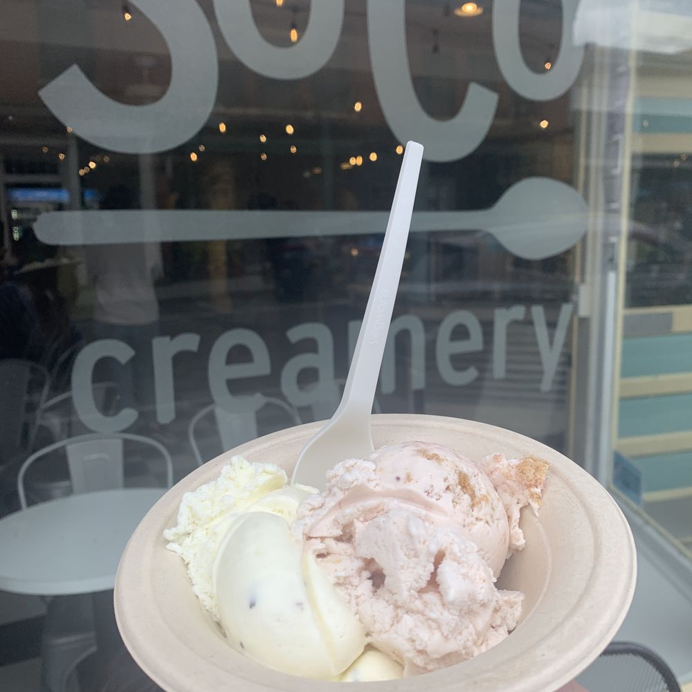 Amazing ice cream (strawberry rhubarb and Spanish olive oil and rosemary) at SoCo Creamery.