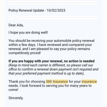 360 Insurance - Email sent to me by 360 Insurance Agent mis-quoting my Rate at my October renewal, as if there was no rate increase! - Home & Rental Insurance Near Me - Las Vegas, Nevada