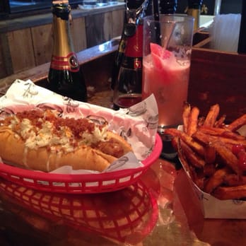 Bubbledogs - 4th of July dog with sweet potato chips and the watermelon cocktail. - Hot Dogs Near Me - London, XGL Bubbledogs - 4th of July dog with sweet potato chips and the watermelon cocktail. - Hot Dogs Near Me - London, XGL