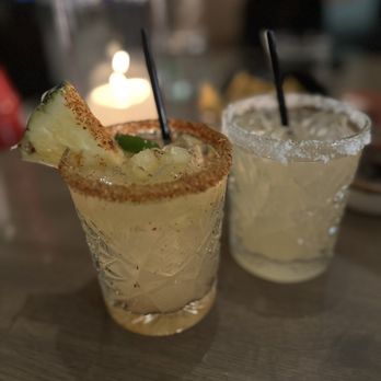 Caló Kitchen + Tequila - Pineapple and Jalapeño Margarita on left and Classic on the right - Cocktail Bars Near Me - Costa Mesa, California