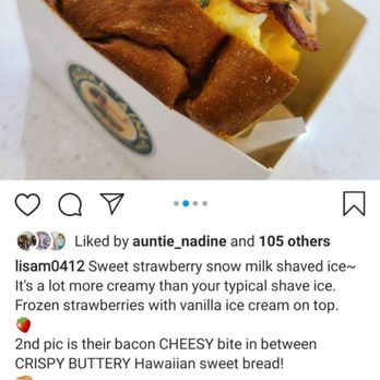 Goldmiss - IG review, bacon cheesy toast, strawberry shave ice, dalgona milk tea with honeycomb toffee - Coffee & Tea Near Me - Honolulu, Hawaii