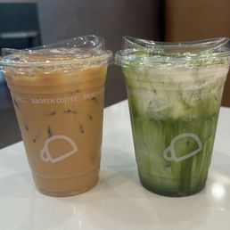 Iced vanilla latte, broken matcha latte Iced vanilla latte, broken matcha latte