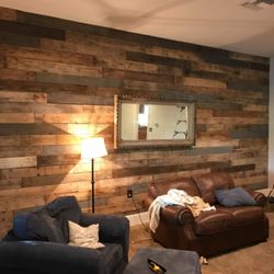 Reclaimed Wood - Brown Rustic Feature Wall completed with our 53 x 6" Planks in Brown/Gray Mix.