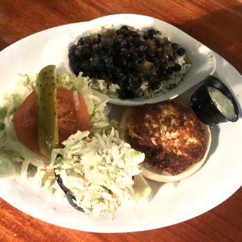 Pompano Joe's - Crap Pan Fried Crab Cake Sandwich and black beans with rice - Seafood Near Me - Destin, Florida