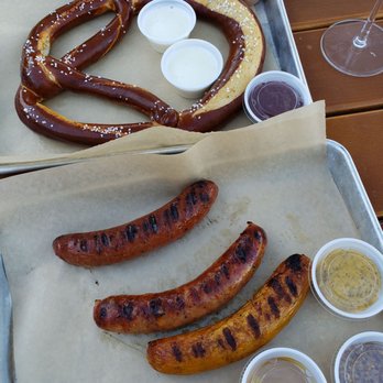 Biergarten - Bavarian pretzel, bratwurst and cheddar jalapeño bacon sausage - Beer Gardens Near Me - Santa Barbara, California Biergarten - Bavarian pretzel, bratwurst and cheddar jalapeño bacon sausage - Beer Gardens Near Me - Santa Barbara, California
