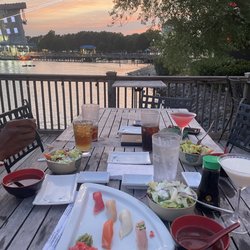 Nigiri sampler, miso soup, salads, key lime martini, king kong lit drink, and one in a melon drink.