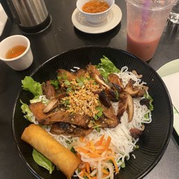 Grilled chicken vermicelli bowl and strawberry smoothie. Grilled chicken vermicelli bowl and strawberry smoothie.