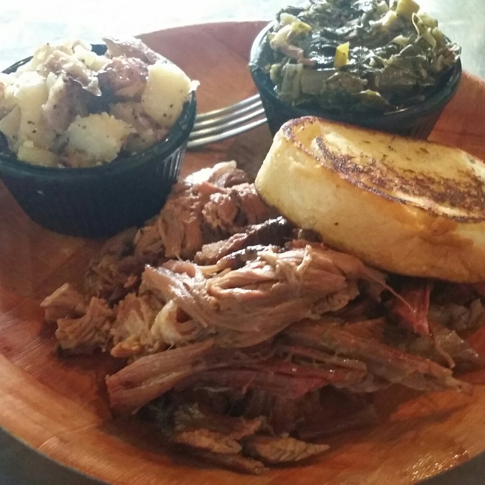 Porkies BBQ - Chopped brisket plate with dirty taters and collards, garlic bread - Barbeque Near Me - DeLand, Florida Porkies BBQ - Chopped brisket plate with dirty taters and collards, garlic bread - Barbeque Near Me - DeLand, Florida