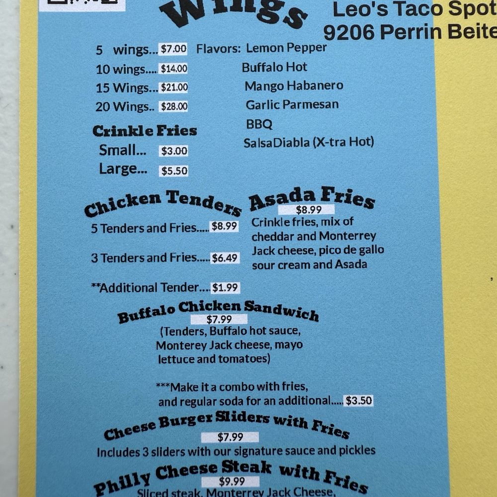 Leo’s Taco Spot - Wings, Fries & Sandwich Menu - Tacos Near Me - San Antonio, Texas