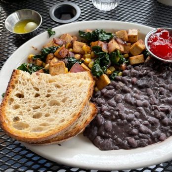 Old Town Cafe - NW Tofu scramble with black beans, sourdough and strawberry jam. - Breakfast & Brunch Near Me - Bellingham, Washington Old Town Cafe - NW Tofu scramble with black beans, sourdough and strawberry jam. - Breakfast & Brunch Near Me - Bellingham, Washington
