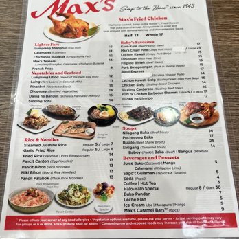 Max's Restaurant - Menu - Filipino Near Me - Houston, Texas
