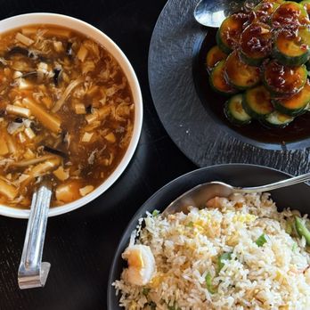Lunasia Signature - Hot & Sour Soup (Bowl), X.O. Spicy Seafood Fried Rice X.O. And Cucumber Salad* - Dim Sum Near Me - Pasadena, California