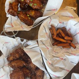 Soy Garlic Wings, Spicy Galbi Wings, Sweet Potato Fries