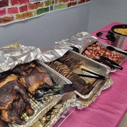 Smoked chicken leg quarters, brisket and sausage.