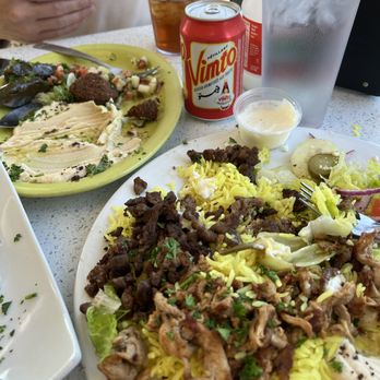Yasmine's Cafe - beef and lamb platter, vegetarian platter (hummus, falafel, dolma & Arabic salad, pita) - Mediterranean Near Me - Albuquerque, New Mexico