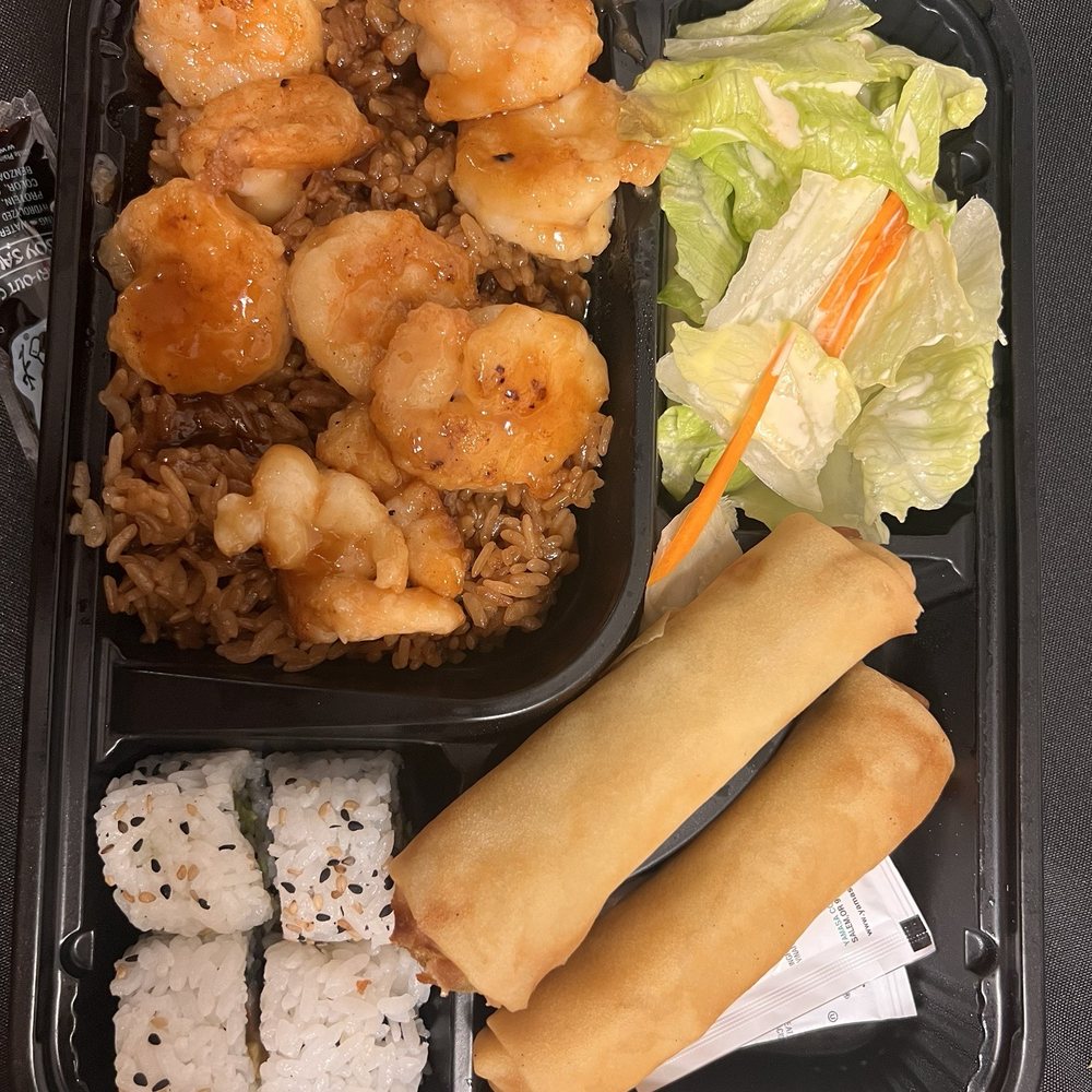 Shrimp bento box with fried rice. I got veg egg rolls instead of chicken pot stickers