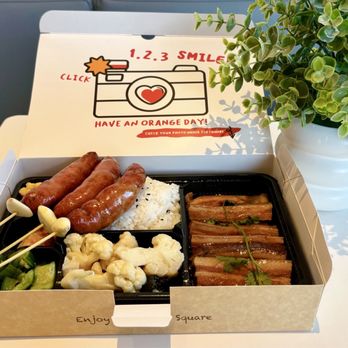 Orange Square - Cupertino - B2 Slow Braised Pork Square 鄉村燉控肉方 ($14.99) + S9 Chargrilled Taiwanese Sausage 台式烤香腸 (3 pc-$7.99) - Taiwanese Near Me - Cupertino, California Orange Square - Cupertino - B2 Slow Braised Pork Square 鄉村燉控肉方 ($14.99) + S9 Chargrilled Taiwanese Sausage 台式烤香腸 (3 pc-$7.99) - Taiwanese Near Me - Cupertino, California