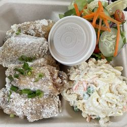 Ganotisi's Pacific Rim Cuisine - Salt and vinegar wings, mac salad, and substituted green salad for rice. Delicious!