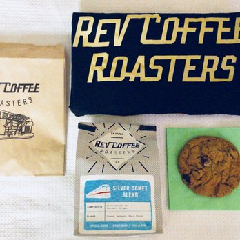 Rev Coffee - Medium Rev Coffee Roasters shirt, Silver Comet Blend grounds, and chocolate chip cookie - Coffee & Tea Near Me - Smyrna, Georgia
