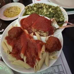 Pesto gnocchi, Lasagne, penne with meatballs. Pesto gnocchi, Lasagne, penne with meatballs.