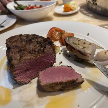 Jimmy's Seafood & Steak - 10oz filet medium rare, grilled onion and tomato on the side - Seafood Near Me - Bossier City, Louisiana