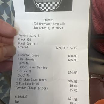 Stuffed - Stuffed receipt for three - Mexican Near Me - San Antonio, Texas