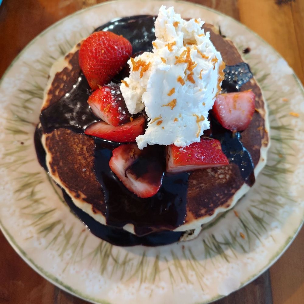 Sammy’s Bullfrog Cafe - Pancakes, chocolate sauce, strawberries, fresh whipped cream, and a sprinkling of coarse salt that really balanced the whole dish. - Breakfast & Brunch Near Me - Harleysville, Pennsylvania