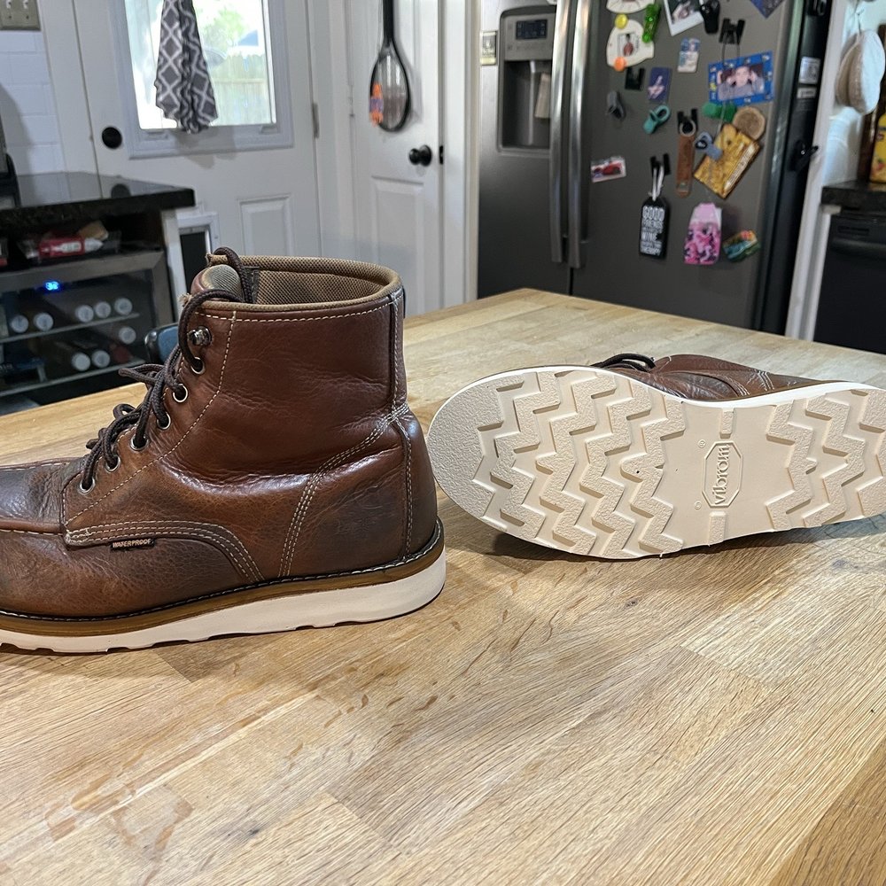 My two year old Carhartt work boots with new Vibram soles. My two year old Carhartt work boots with new Vibram soles.