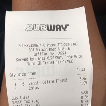 Subway - a receipt for a subway train - Sandwiches Near Me - Griffin, Georgia Subway - a receipt for a subway train - Sandwiches Near Me - Griffin, Georgia