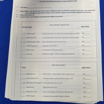 Elk Island Winery - Flight menu - you can pick four to taste. - Wineries Near Me - Goochland, Virginia