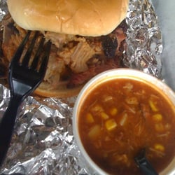 Babe's Smokehouse - Pulled pork sandwich on a bun w/side of brunswick stew.