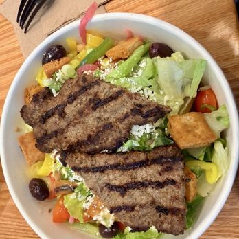 Nick The Greek - Chopped Salad with added Beefteki (which is quite like a Burger King broiled patty) - Greek Near Me - North Hollywood, California Nick The Greek - Chopped Salad with added Beefteki (which is quite like a Burger King broiled patty) - Greek Near Me - North Hollywood, California