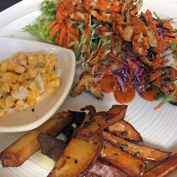 Blossom Tree - Bibimbap chicken with corn salad and sweet potato sides. - Korean Near Me - Atlanta, Georgia