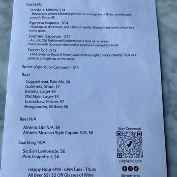 Vintner - Cocktail and beer side of the menu -Happy Hour listed at bottom - Wine Bars Near Me - Westwood, Kansas Vintner - Cocktail and beer side of the menu -Happy Hour listed at bottom - Wine Bars Near Me - Westwood, Kansas