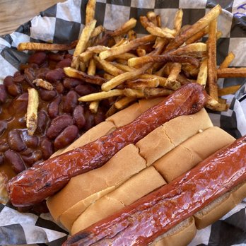 Stone Cow Brewery - 2 dogs with baked beans and fries - Breweries Near Me - Barre, Massachusetts
