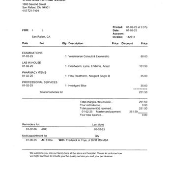West End Animal Center - Receipt - Veterinarians Near Me - San Rafael, California West End Animal Center - Receipt - Veterinarians Near Me - San Rafael, California
