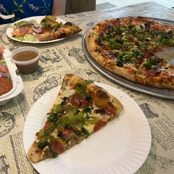 Ed's Pizza Place - Large thin crust pizza w/ pepperoni, broccoli, mushrooms, and green pepper.  A small antipasto on the side. - Pizza Near Me - Little Falls, New York