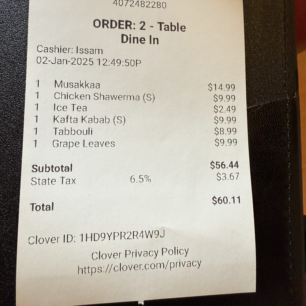Flame Kabob - Our bill. - Middle Eastern Near Me - Orlando, Florida