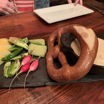 Wrecking Bar Brewpub - Fondue with apples peppers cucumber and pretzel - Brewpubs Near Me - Atlanta, Georgia