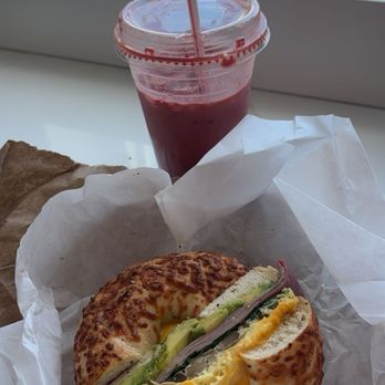 Bagel Street Cafe - Eggwhich special with avocado on Asiago - Bagels Near Me - Berkeley, California