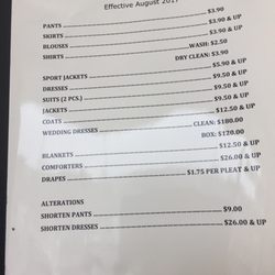 Mayfield Cleaners & Tailoring - Our general prices