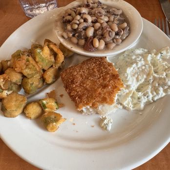 Luby's - Luann platter fried fish with fried okra & black eyed peas. Yum!! - A meal featuring fried fish with a crispy coating, black-eyed peas in a small bowl, fried okra, and potato salad on a white plate. - American Near Me - Austin, Texas