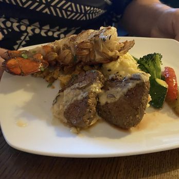 dc's on b street - Triple Play.  Steak, lobster tail, crab cakes with mashed potatoes and grilled veggies.  This was half the portion as we split it! - New American Near Me - Pueblo, Colorado