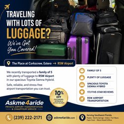 Askme 4 Aride - Private RSW airport transportation with plenty of luggage space. Safe, reliable, and professional service. Book Askme 4 ARide today!