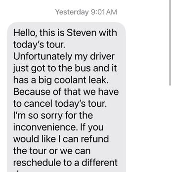 Straight Off the Vine Wine Tours - Text from Steven at 9 am and reservation time is at 11 am. Read the text around 10:30 am - Party Bus Rentals Near Me - Temecula, California